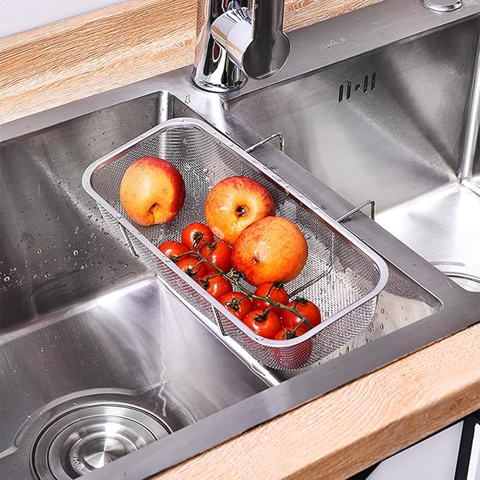 Stainless Steel Side Sink Drain Strainer Basket, Corner Hanging Sink Strainer Colander Drain Basket, Kitchen Sink Food Waste Filter and Vegetables Fruits Clean (Silver rectangle)