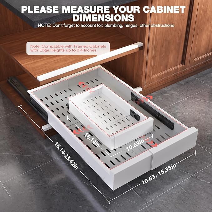 Seinloes Pull Out Cabinet Organizer,4-Side Expandable to Maximize Cabinet Space,Slide Out Drawers with 3 Rail Design,Roll Out Shelf with Raising Pad for Framed Cabinet,11"-16"W x 17"-24"D,White,2 Pack