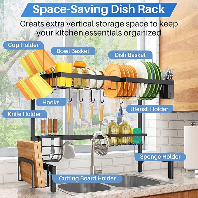 SNTD Over The Sink Dish Drying Rack - Adjustable Dish Rack for Kitchen Counter, Metal (Black)