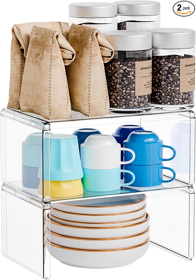 Yieach 2 Pack Acrylic Cabinet Organizer,2 Tier Stackable Shelves for Cabinets,RV Pantry Organization,Counter Space Saver Desk Organizers,Cupboard Shelf and Cabinet Stand & Risers for Mug,Cup,Dish
