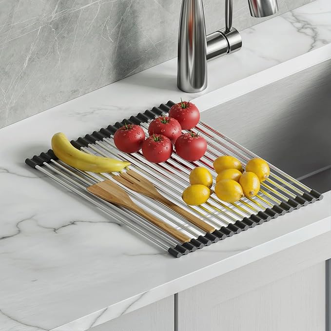 Dowell Over The Sink Roll-Up Dish Drying Rack, Foldable Tube Design, Space Saving Sink Organizer, Sturdy, Easy to Clean, Stylish Look - Triangle+Rectangular - Stainless Steel