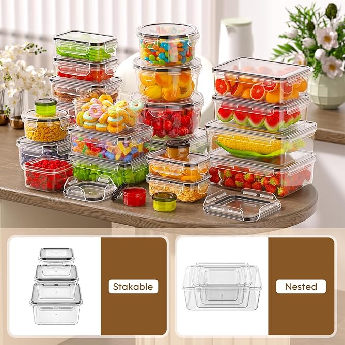 KEMETHY 70 PCS Food Storage Containers with Lids Airtight, Total 856oz, BPA-free, Food-grade, Eco-friendly Material, Leak Proof Plastic Containers, Microwave/Dishwasher Safe