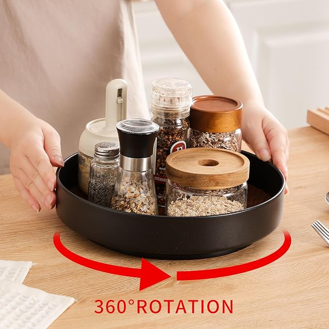 Non-Slip Rotating Lazy Susan Turntable, 360-Degree Swivel, Black with Textured Surface (Black, 12 inches)