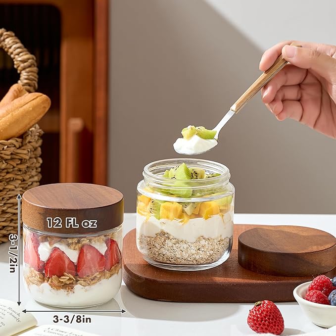 Danmu 12 oz Overnight Oats Containers with Lids,Salad Jar,Glass Jar with Wooden Lid 6 Pack,Mason Jars 12 oz with Lids for Snack,Overnight Oats,Meal Prep,Yogurt,Parfait,Soup,Salad 100% Leak-proof