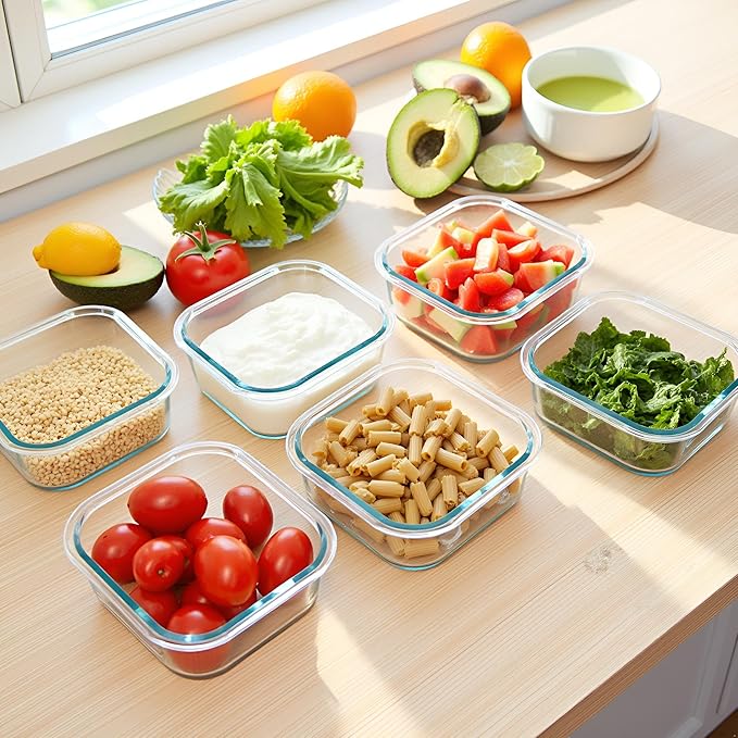 2 Cup Square Glass Food Storage Containers, Small Square Storage Containers With Airtight Lids Leak-proof, BPA free 16oz Glass Meal Prep Bowls, Dishwasher, Microwave, Freezer Safe (White)