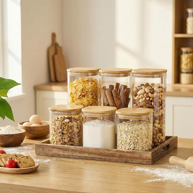 HomArtist Square Glass Jars with Bamboo Lids 27 FL OZ [Set of 6], Glass Canisters with Airtight Lids, Glass Food Storage Containers for Coffee, Sugar, Tea, Candies, Cookies,Best for Kitchen & Pantry