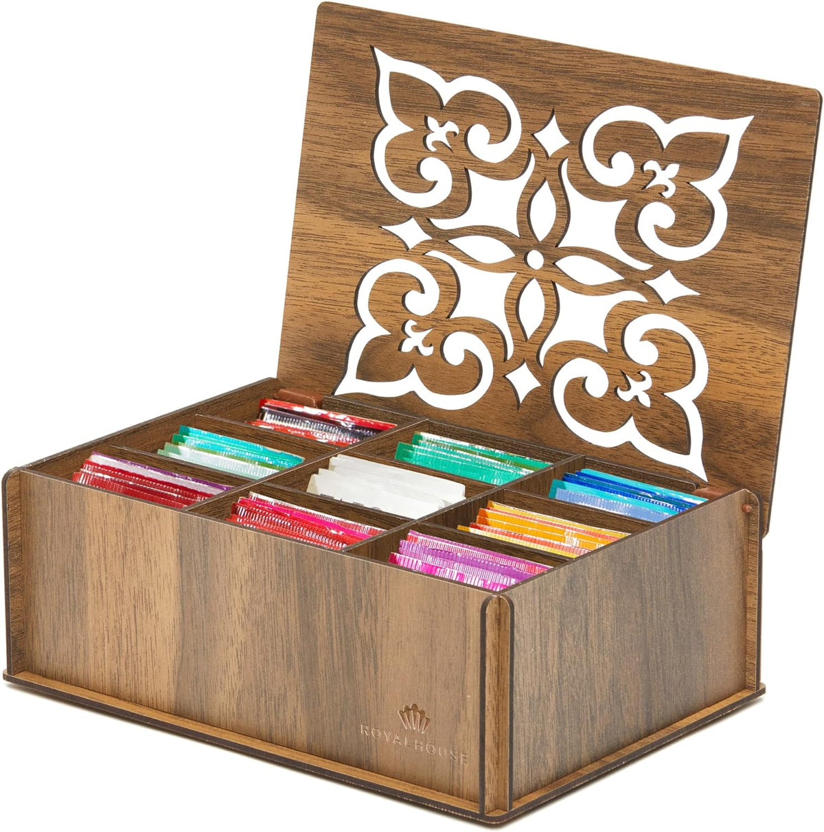 Premium Wood Tea Storage Box Organizer, 9 Compartments Walnut