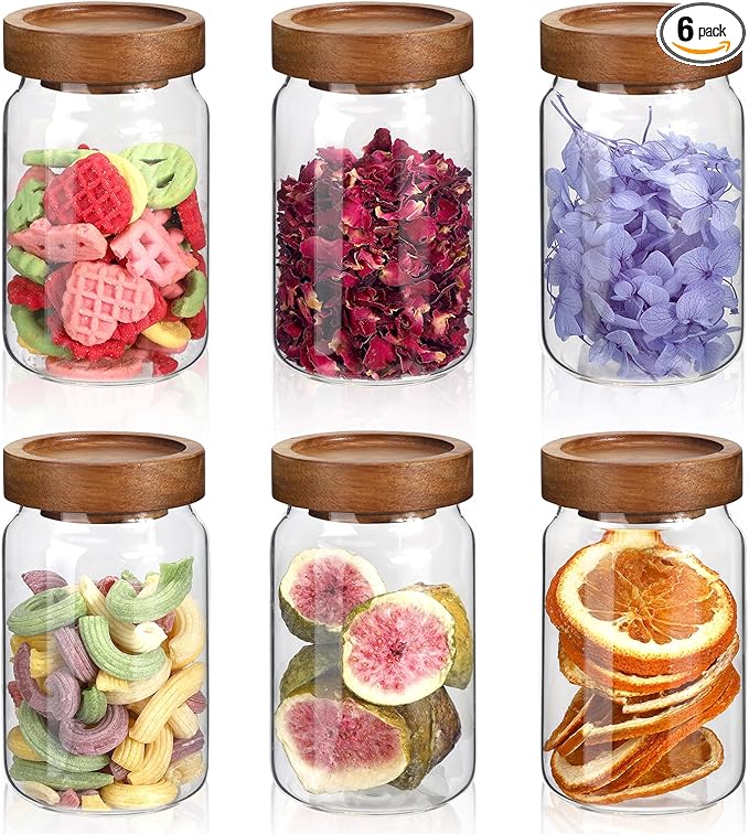 6oz Small Glass Jars with Wood Lid Spice Jar Round Food Storage Canister Clear Glass Containers Jar for Ground Seasoning Pantry Sugar Tea Coffee Bean Spice Herb Cookies(6 * 200ml(6.76oz))