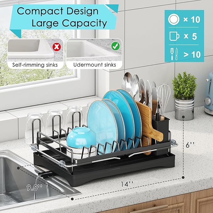 ANTOPY Dish Drying Rack in Sink, Expandable Rustproof Dish Rack for Kitchen Counter, Over the Sink Dish Drainer with Utensil Holder, Cup Rack, Drainboard, Space Saving Dish Dryer Rack for Inside Sink
