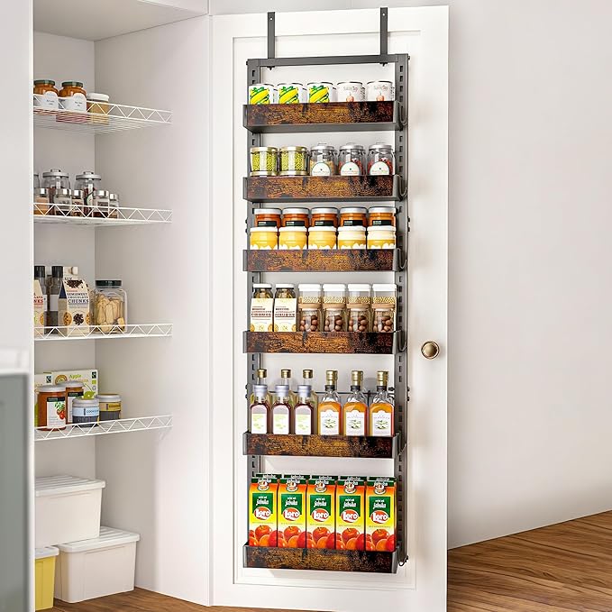 BUKFEN 6-Tier Over the Door Pantry Organizer, 2-in-1 Door Hanging or Wall Mounted Spice Rack, Heavy Duty Metal Storage Shelves with Adjustable Wooden Baskets for Kitchen Bathroom Closet