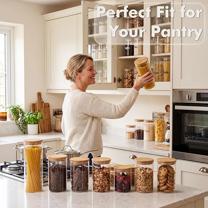 3-Pack 2Qt Round Glass Spaghetti Jars with Bamboo Lids, Tall Food Storage Containers for Pantry Organization, Elegant Kitchen Storage Canister for Pasta, Penne, Macaroni, Lasagna, Fusilli