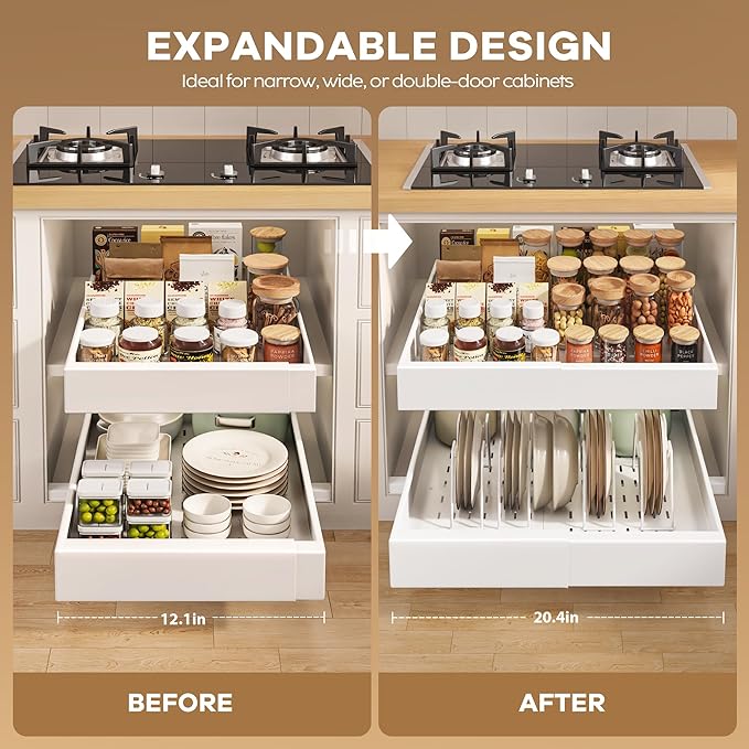 Seinloes 6 Pack Pull out Cabinet Organizer 21"Deep with Raising Pad for Framed Cabinets, Expandable Slide out Drawers for Kitchen Cabinets with 6pcs Divider Racks, Roll out Shelves 12.1"-20.4" W White
