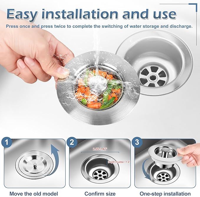 3 in 1 Kitchen Sink Drain Strainer ，304 Stainless Steel Kitchen Sink Stopper and Basket,Long-Term Water Storage，Bass Bounce Core，General，Filter for Standard 3-1/2 inch Drain (2-Pack)