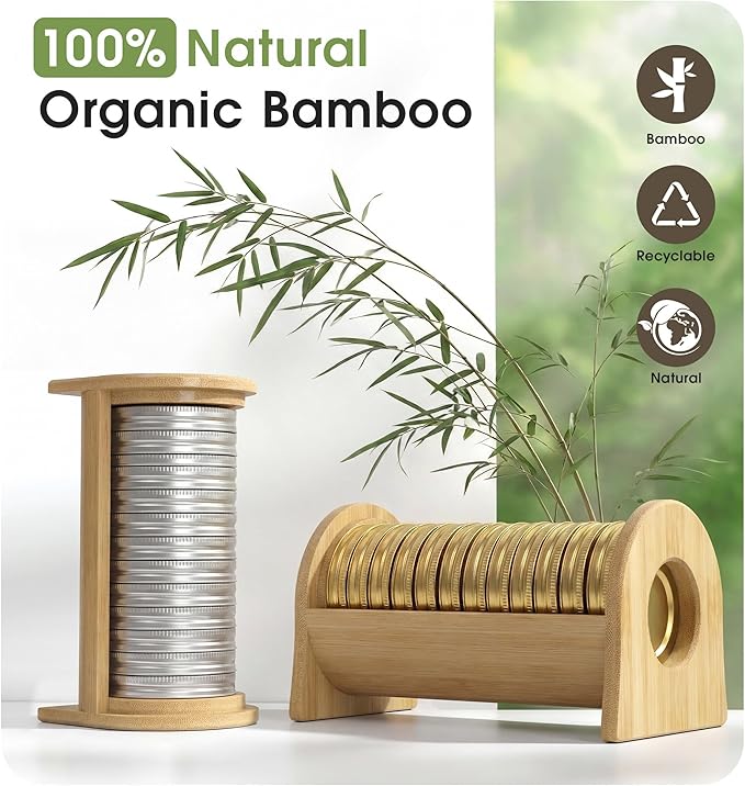 KOCWELL Mason Jar Lid Organizer, 2 Pack Bamboo Storage Holder for Wide & Regular Mouth Lids, Kitchen Countertop Canning Lid Storage