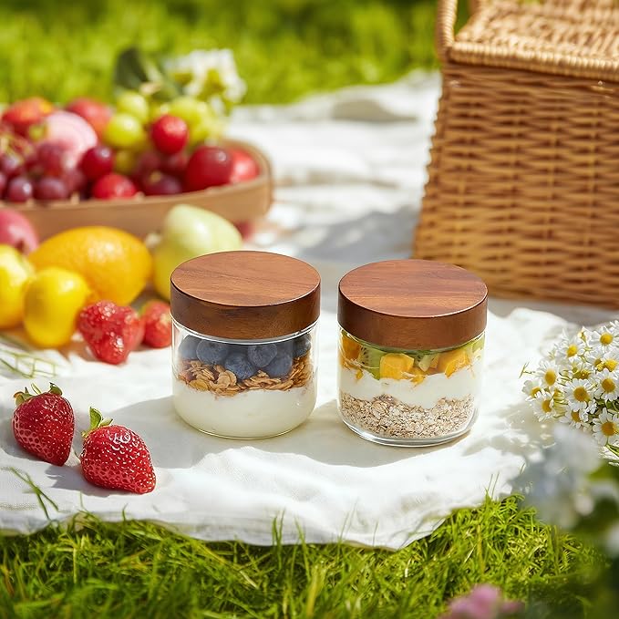 Danmu 12 oz Overnight Oats Containers with Lids,Salad Jar,Glass Jar with Wooden Lid 4 Pack,Mason Jars 12 oz with Lids for Snack,Overnight Oats,Meal Prep,Yogurt,Parfait,Soup,Salad 100% Leak-proof
