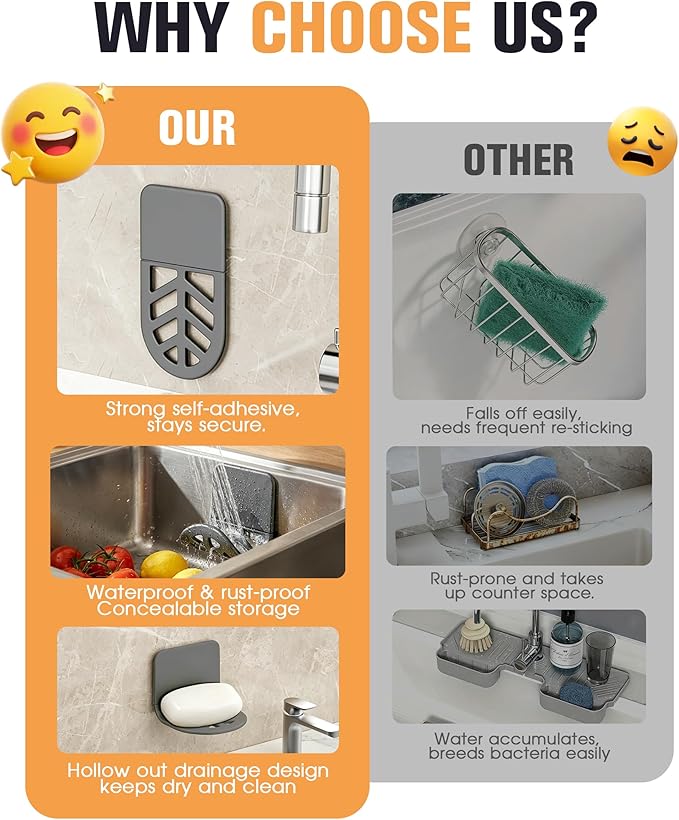 2Pack Sponge Holder for Kitchen Sink, Strong Self-Adhesive Sink Caddy Soap Holder, Silicone Rustproof for Sponges, Brushes, Stoppers, Razo, Flexible-2.9" x 4.92" (Grey)