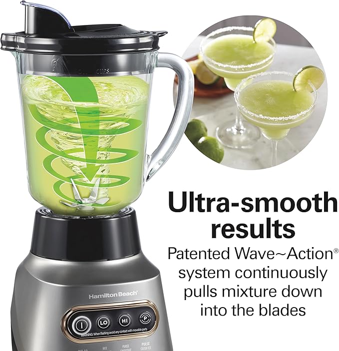 Hamilton Beach Wave Action Blender for Smoothies, Stainless Steel Ice Sabre Blades, 40oz Glass Jar, 20oz Blend-In Portable Travel Jar, 800 Watts, Quiet Design, Silver (58181)