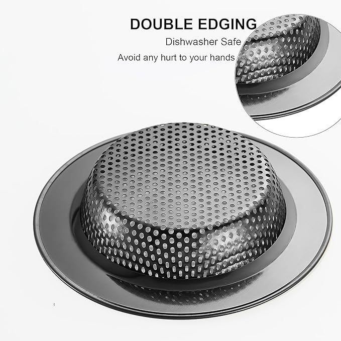 LASSHSWA Kitchen Sink Strainer Stainless Steel, Kitchen Sink Drain Strainer, Silver-Black Sink Strainers for Kitchen Sinks with Large Wide Rim 4.5" Diameter (2 PCS)