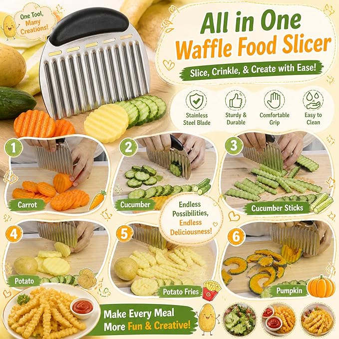 Hendiy Onion Holder for Slicing and Large Crinkle Cutter French Fry Cutter, Onion Slicer Veggie Chopper, Tomato Slicers Potato Wavy Chopper, Kitchen Food Slicer（One Onion Slicers & One Potato Cutter）