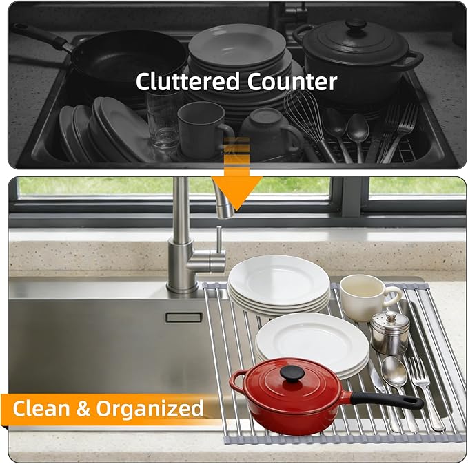 Roll Up Dish Drying Rack Over Sink, 17" x 15.7", Stainless Steel with Non-Slip Silicone Ends, Gray