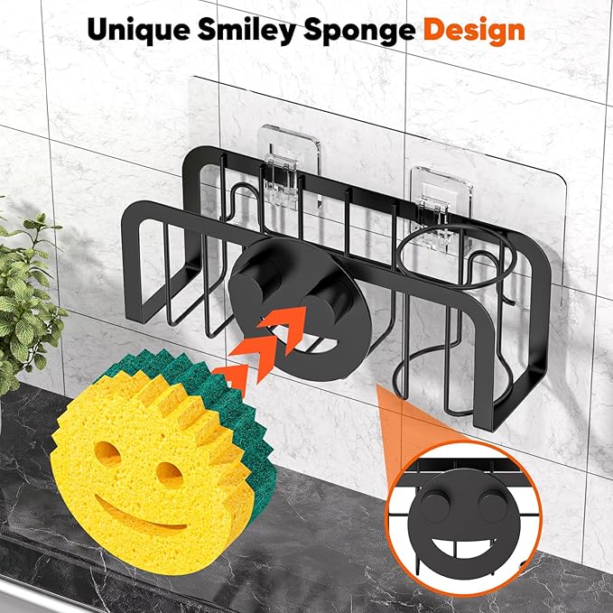 Sponge Holder for Kitchen Sink, Sink Caddy Organizer with Smiley Face, Dish Soap Holder Rack for Kitchen with Suction Cups/Adhesive Strips, Design for Sponge, Soap, Dish Brush, Scrubber, Stoppers