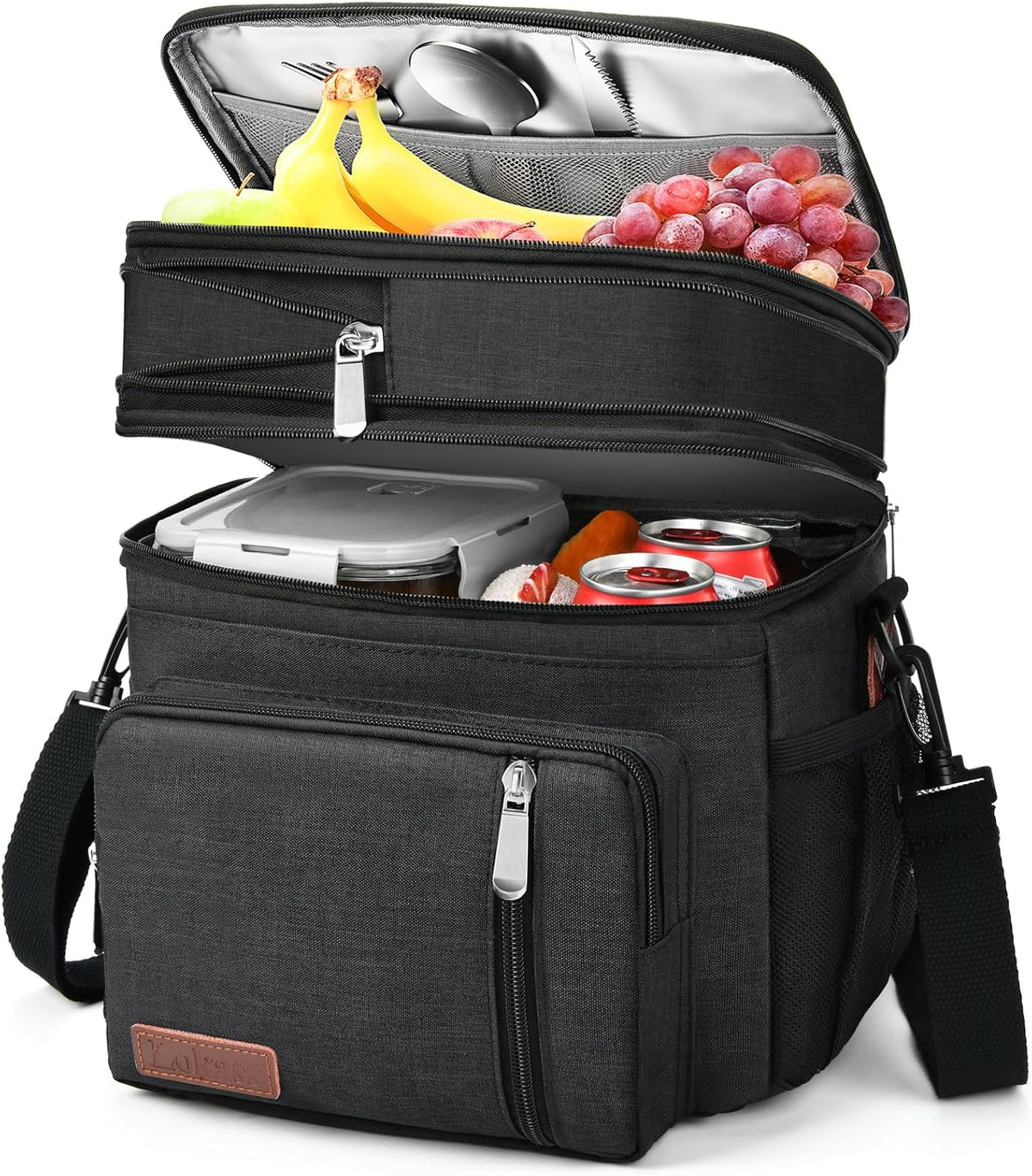 Lunch Box & Lunch Bag for Men & Women, Expandable Double-deck Expandable Large Insulated Cooler Lunch Bag with Shoulder Strap, Leakproof Durable Adult Lunch Box for Work, Picnic, 16L, Black