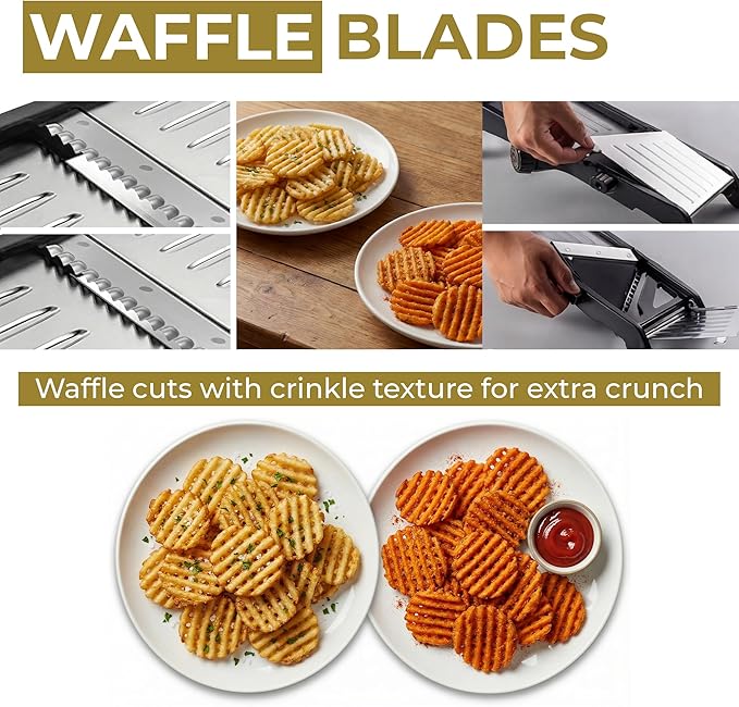 Gramercy Adjustable Mandoline Slicer for Kitchen, Potato Cutter, Vegetable Chopper, Mandolin, Cucumber Slicer- INCLUDING one Pair Cut-Resistant Gloves and Waffle Fry Cutter