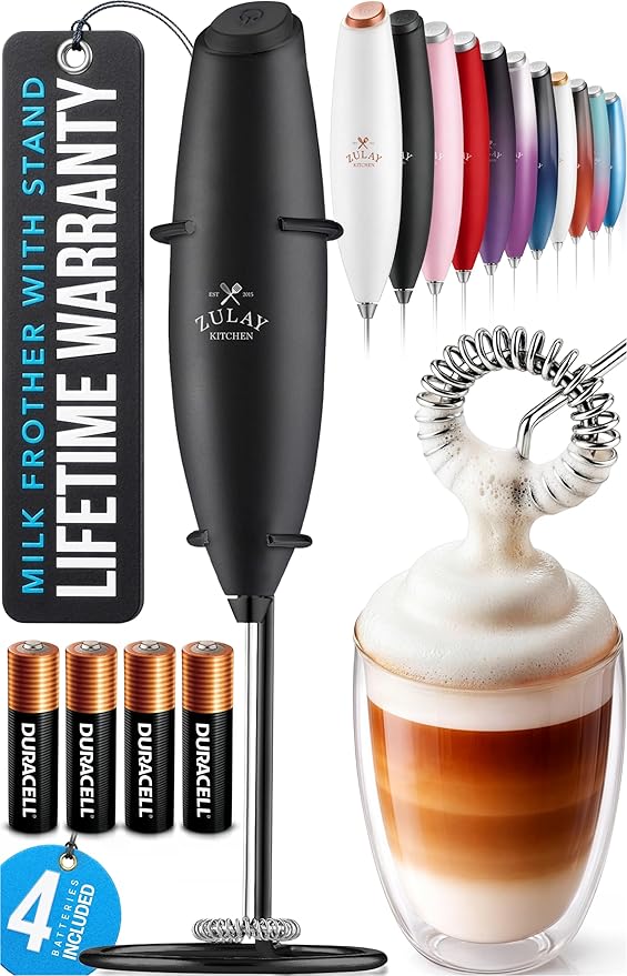 Zulay Kitchen Powerful Milk Frother Wand With Duracell Batteries - Ultra Fast Handheld Drink Mixer - Electric Whisk Foam Maker for Coffee, Lattes, Cappuccino & Matcha - Z1 Motor - Executive Black