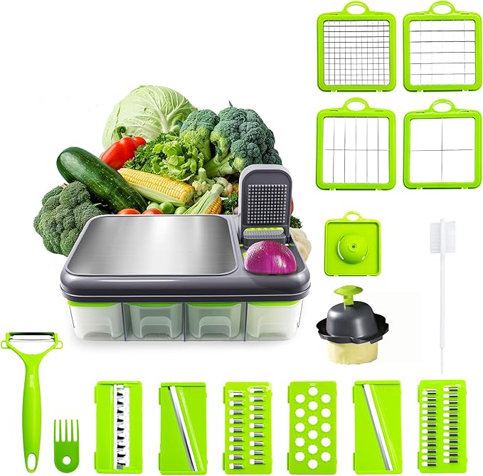 15-in-1 Vegetable Chopper & Slicer Set – Multifunctional Food Chopper with Container, Mandoline Slicer, Dicer, Grater, Peeler & Cleaning Tools – Kitchen Gadget for Onions, Carrots, Potatoes, Fruits