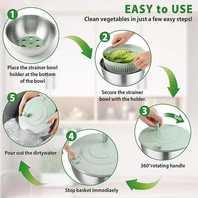 Salad Spinner Stainless Steel, 5.3 Qt Large Vegetables & Fruits Wash Bowl, Lettuce Washer Spinne with 5 Blade Slicer Egg Yolk Strainer, Lettuce Spinner with Stop Button Drain Spout for 2-3 Servings