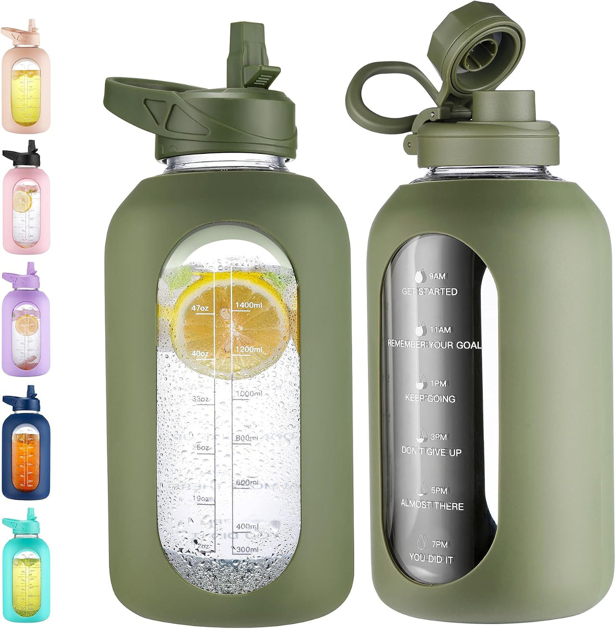 64 oz Glass Water Bottle with Straw, Half Gallon Large Water Jug