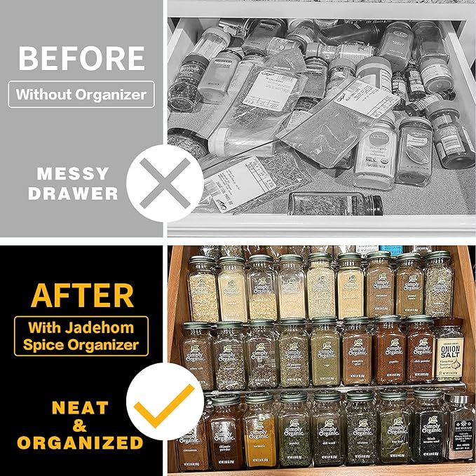 Jadehom Spice Drawer Organizer, 4 Tier Clear Acrylic Expandable From 13" to 26" Seasoning Jars Drawer Insert, Kitchen Drawer Spice Rack Tray for Cabinet/Countertop