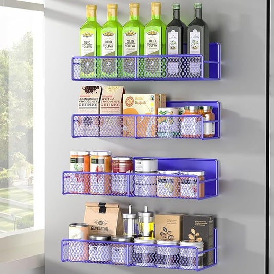 DTUQYX Magnetic Spice Rack for Refrigerator, 4 Pack 100% Metal Strong Magnet Fridge Shelves, Space Saving Spice Organizer