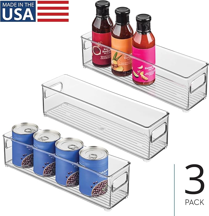 iDesign Stackable Fridge Bin with Handles - Ideal for Freezer or Pantry, Set of 3, Clear, Made in USA