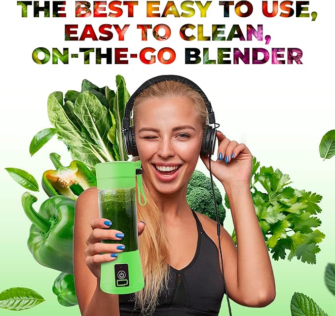 Portable Blender - Compact and USB Rechargeable Personal Travel Blenders for Smoothies, Shakes and Ice - Mini Fruit Juice Mixing Shaker Bottle - 380ml, Green