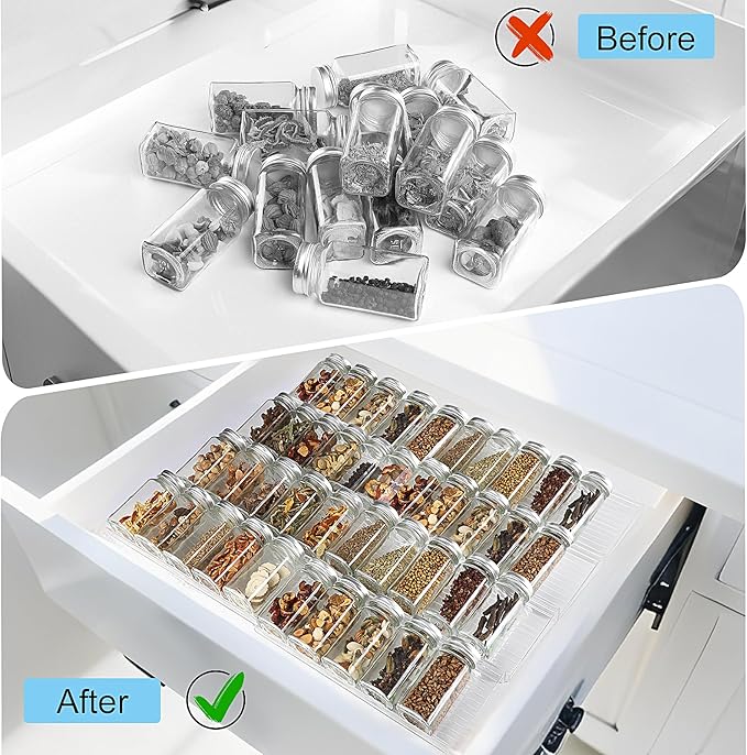 Spice Drawer Organizer, 8 Pcs Clear Acrylic Drawer Seasoning Organizer, Expandable From 11'' to 22'' Kitchen Spice Rack for Drawer, Ideal for Kitchen Spice Organization (Jars not included)