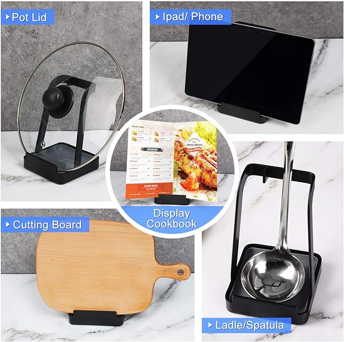 NiHome Versatile Pot Lid Ladle Holder Multipurpose Spatula Pad Book Cutting Board Spoon Rest Kitchen Utensils Drip Tray Washable Durable Stable Tack-Free Installation (Black)