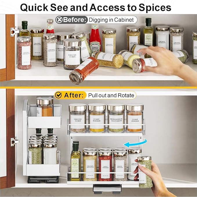 iSPECLE Spice Rack Organizer for Cabinet - 2 Pack Rotate No-Drill Vertical Spice Rack Pull Out Swivel Easy Access Spices, Adjust Height for 4oz to 8oz Spice Jars Inside Kitchen Pantry Cabinet, White