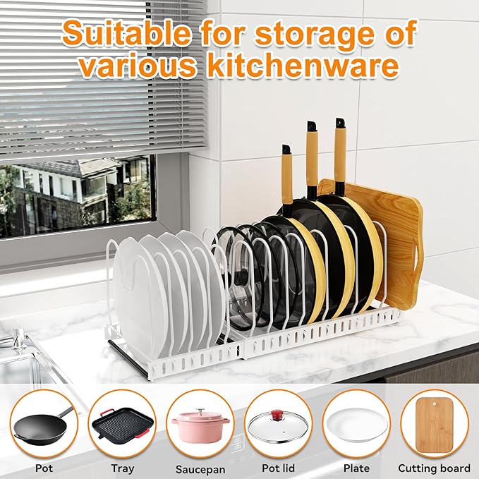 Pot and Pan Organizer Rack for Cabinet, 3 Expandable Pot Lid Organizer Holder with 12 Adjustable Compartment for Kitchen Cutting Board, Pan Lid, Bakeware, White