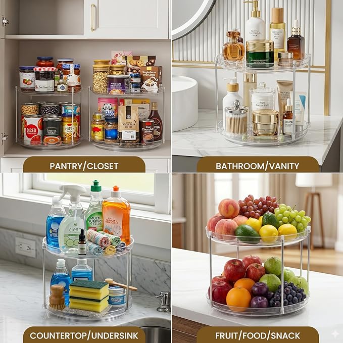 2 Tier Non-Skid Acrylic Lazy Susan Turntable Organizer - Rotating Spice Rack - Spinning Organization Tray for Kitchen, Pantry, Countertop, Closet, Bathroom, Vanity, Medicine Cabinet Organizing, 12''
