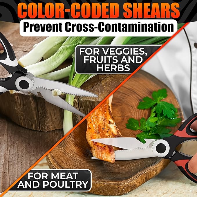 2 Pcs Heavy Duty Kitchen Scissors for Food – 5-in-1 Stainless Steel Kitchen Shears with Bottle Opener, Non-Slip Handles & Protective Cover – Utility Scissors for Cutting Meat, Poultry & Vegetables