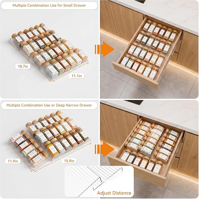 LETGO 4 Pack Adjustable Spice Rack for Drawer- Expandable From 11" to 22" Expandable Spice Drawer Organizer 4 Tiers Acrylic Seasoning Organizer Rack,Clear Spice Rack Tray for Spices,Condiment (4)