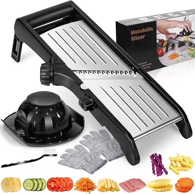 MASTERTOP Mandoline Slicer for Kitchen Adjustable Stainless Steel Food Slicer Vegetable Chopper Onion Waffle French Fry Cutter Potato Chip Julienne Slicer with Safety Gloves