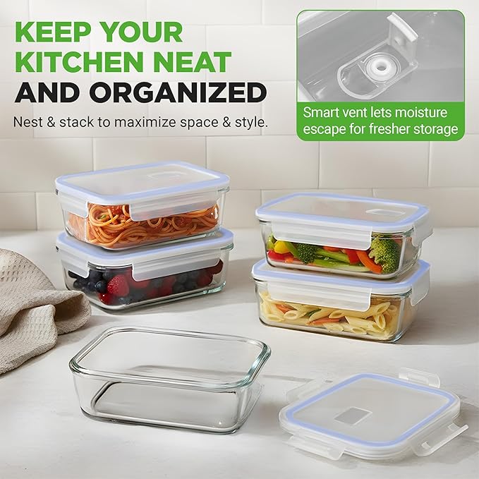 NutriChef 10-Piece Glass Food Containers - Stackable Superior Glass Meal-prep Storage Containers, Newly Innovated Leakproof Locking Lids w/Air Hole, Freezer-to-Oven-Safe (Blue)