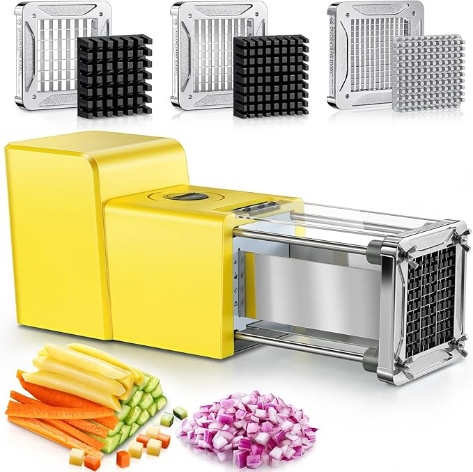 Sopito French Fry Cutter Electric Potato Cutter Stainless Steel with 3 Blades 1/4 3/8 1/2 Inch Blades for Potatoes, Carrots, Cucumbers & Onions, yellow