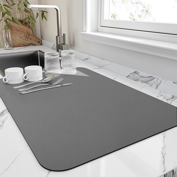 HotLive Dish Drying Mat for Kitchen Counter, Heat Resistant Drainer Mats with Non-slip Rubber Backed, Hide Stain Kitchen Super Absorbent Draining Mat, Easy to Clean Dish Rack Pad, Dark Grey 18"x28"