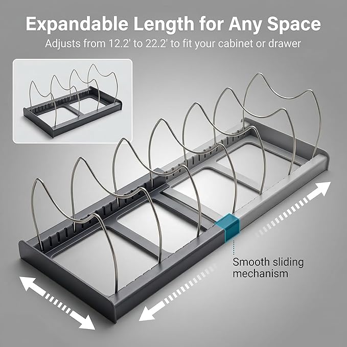 OMIO Expandable Pot Lid Organizer Rack for Under Cabinet, Adjustable 12"-22" Kitchen Storage with 7 Steel Dividers, Scratch-Resistant ABS Base for Pans, Cutting Boards, Bakeware, Grey