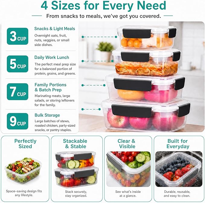 YORY 3 cup Plastic Food Storage Containers with Lids Nestable Freezer Dishwasher Safe Rectangle Container Set,5-Pack