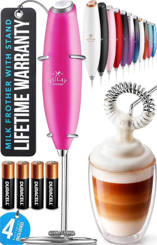 Zulay Kitchen Powerful Milk Frother Wand With Duracell Batteries - Ultra Fast Handheld Drink Mixer - Electric Whisk Foam Maker for Coffee, Lattes, Cappuccino & Matcha - Z1 Motor - Dragonfruit