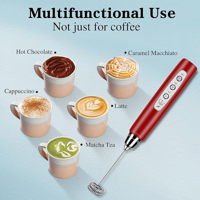 Milk Frother Handheld with Stand, Electric Whisk 3 Speed Adjustable, Drink Mixer with Stainless 3 Whisk, Rechargeable Hand Frother Wand, Foam Maker for Latte Cappuccino Hot Chocolate Egg Red